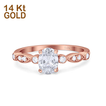 14K Rose Gold Vintage Style Oval Bridal Wedding Engagement Ring Simulated CZ